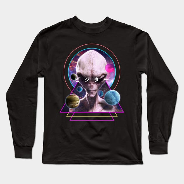 Alien Visitor Vaporwave Aesthetic Galaxy Outer Space Art With Japanese Kanji Long Sleeve T-Shirt by Vaporwave